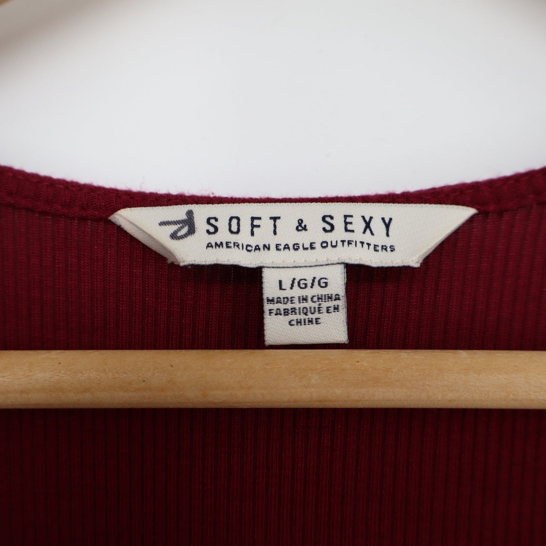 American Eagle Outfitters Soft & Sexy Dress Womens Large Red Ribbed Lace Up Neck