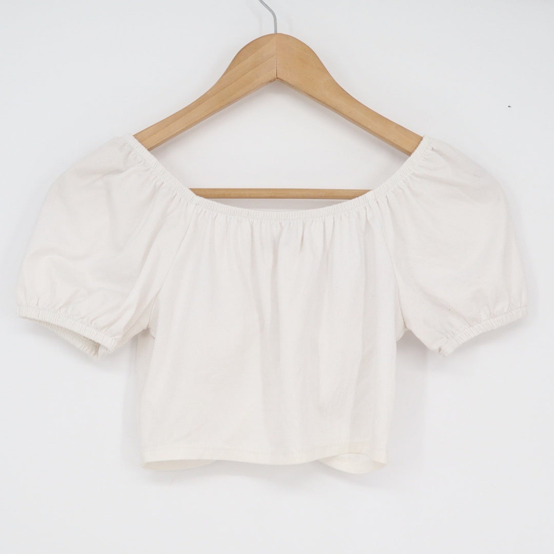 Quarry White Puff Sleeve Crop Top Sweetheart Ruched Button Front