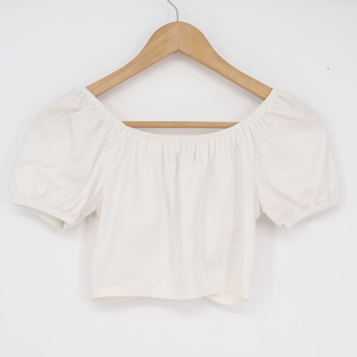 Quarry White Puff Sleeve Crop Top Sweetheart Ruched Button Front