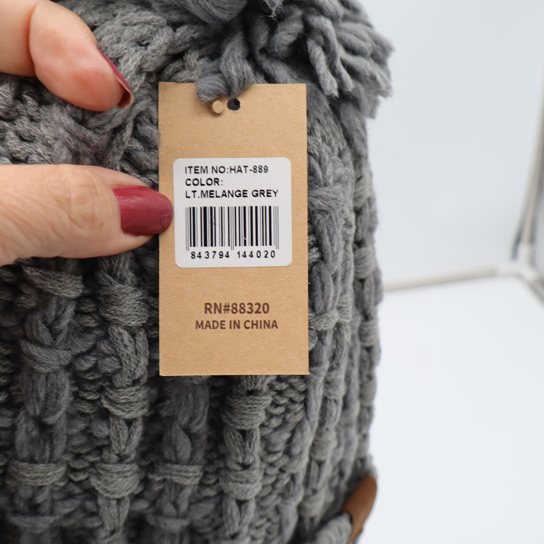 C.C Beanie Women OS Lt Melange Grey Cable Knit Pom-Pom New