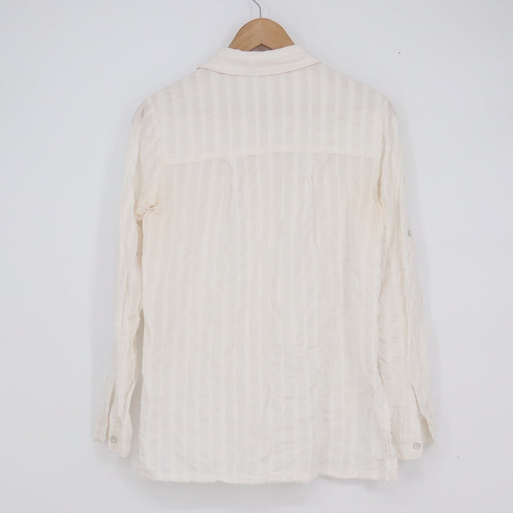 Athleta Womens White Striped Cotton Rayon Button Down Shirt Roll Tab Sleeve XS