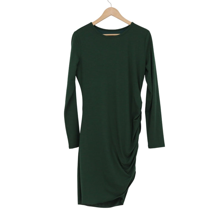 Dark Green Long Sleeve Ruched Side Draped Midi Sheath Dress Mens Size M