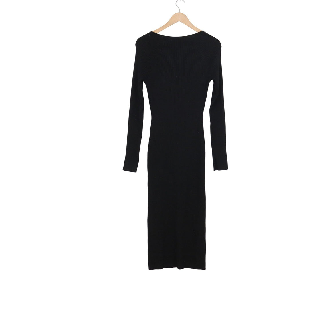 HM Black Ribbed Knit Scoop Neck Long Sleeve Bodycon Midi Dress P/N