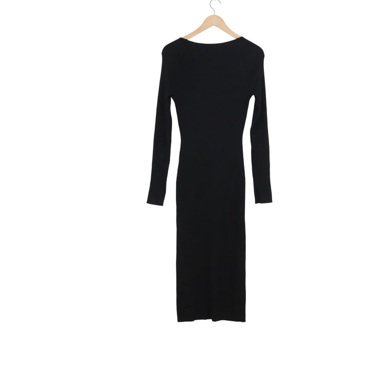 HM Black Ribbed Knit Scoop Neck Long Sleeve Bodycon Midi Dress P/N
