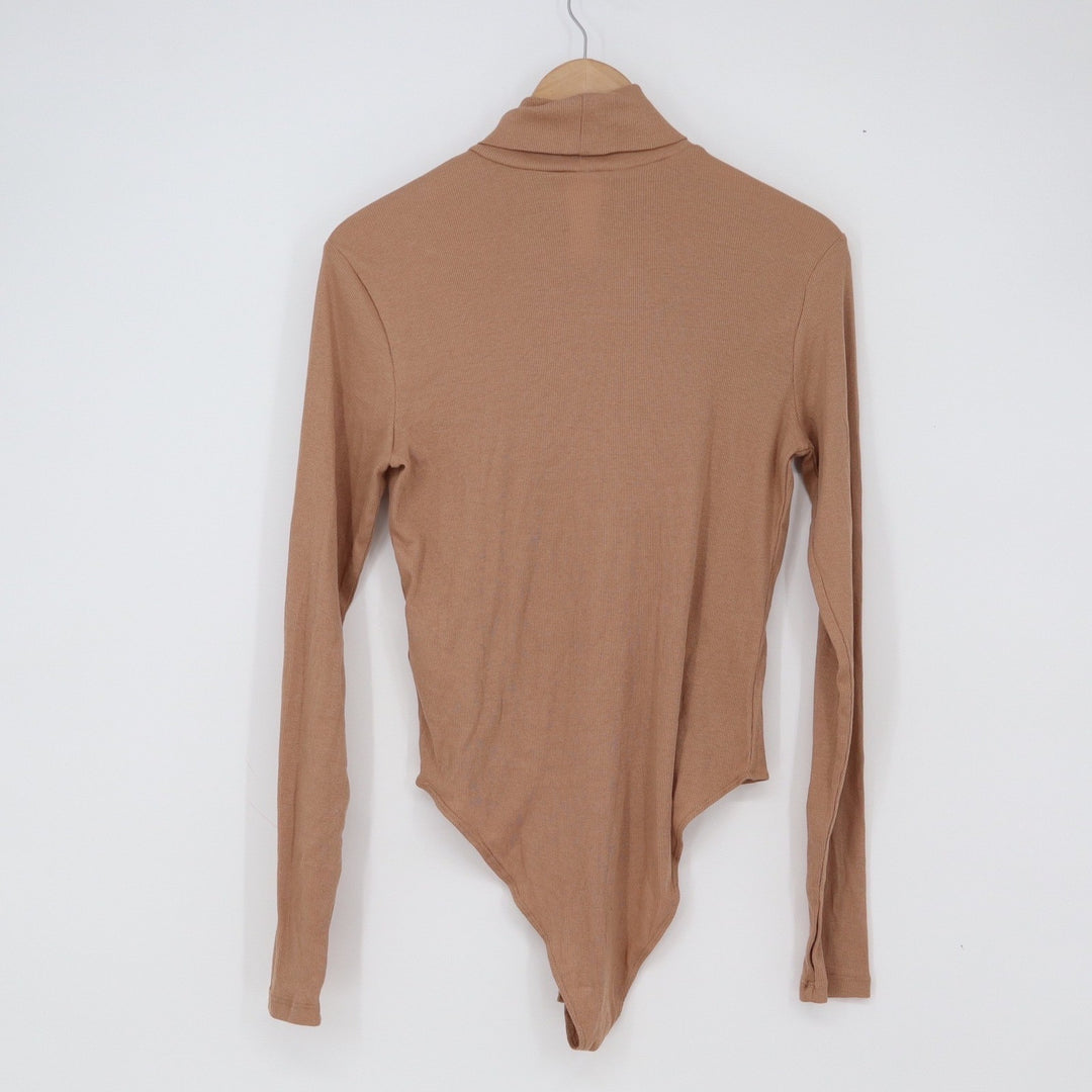 H&M Bodysuit Womens M Turtleneck Tan Long Sleeve Ribbed Cotton Excellent