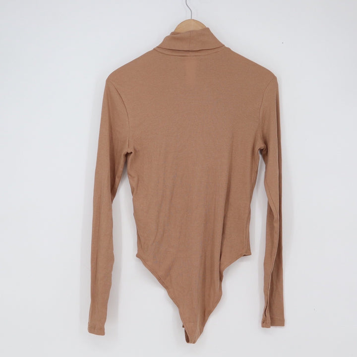 H&M Bodysuit Womens M Turtleneck Tan Long Sleeve Ribbed Cotton Excellent