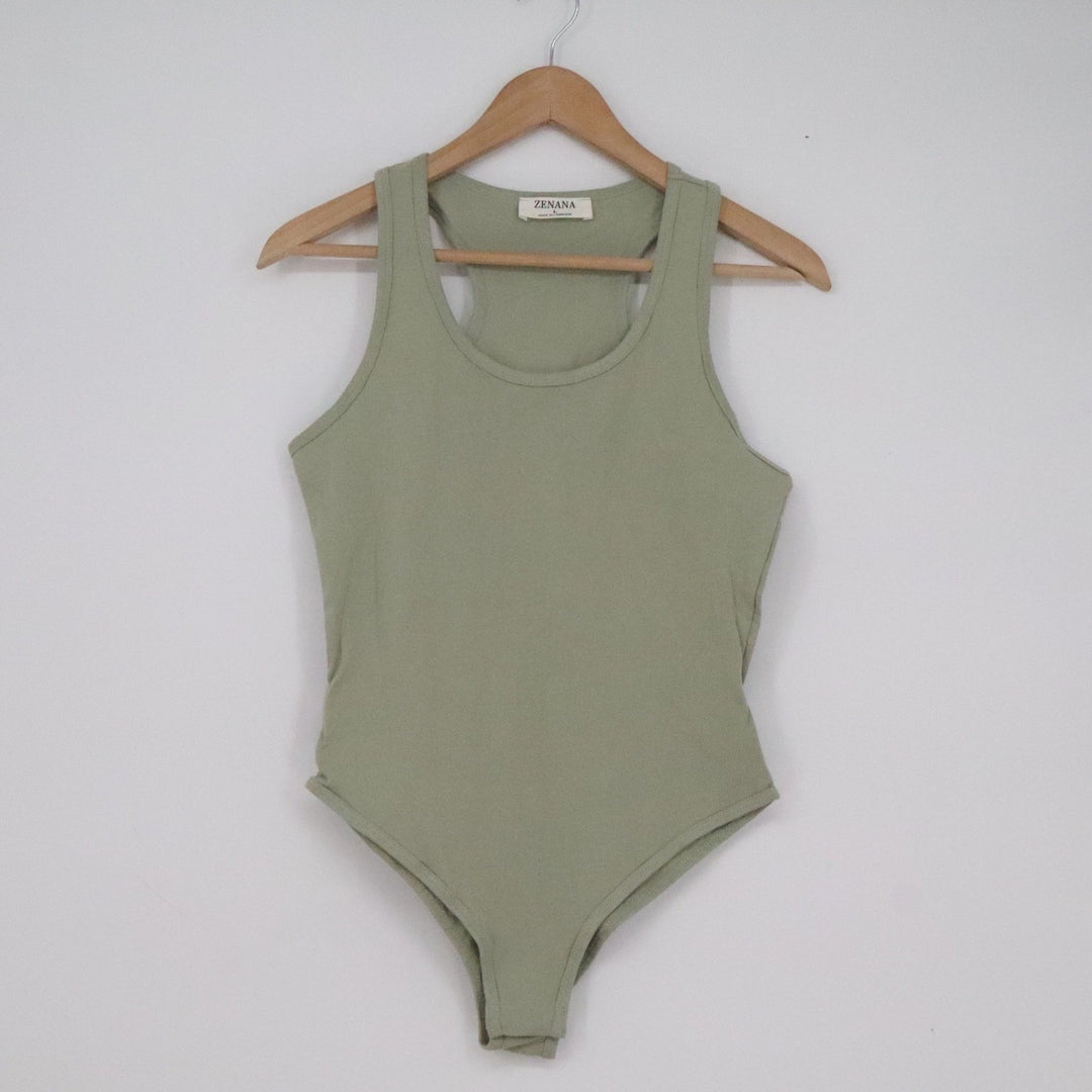 Zenana Womens Sage Green Ribbed Racerback Bodysuit Size L