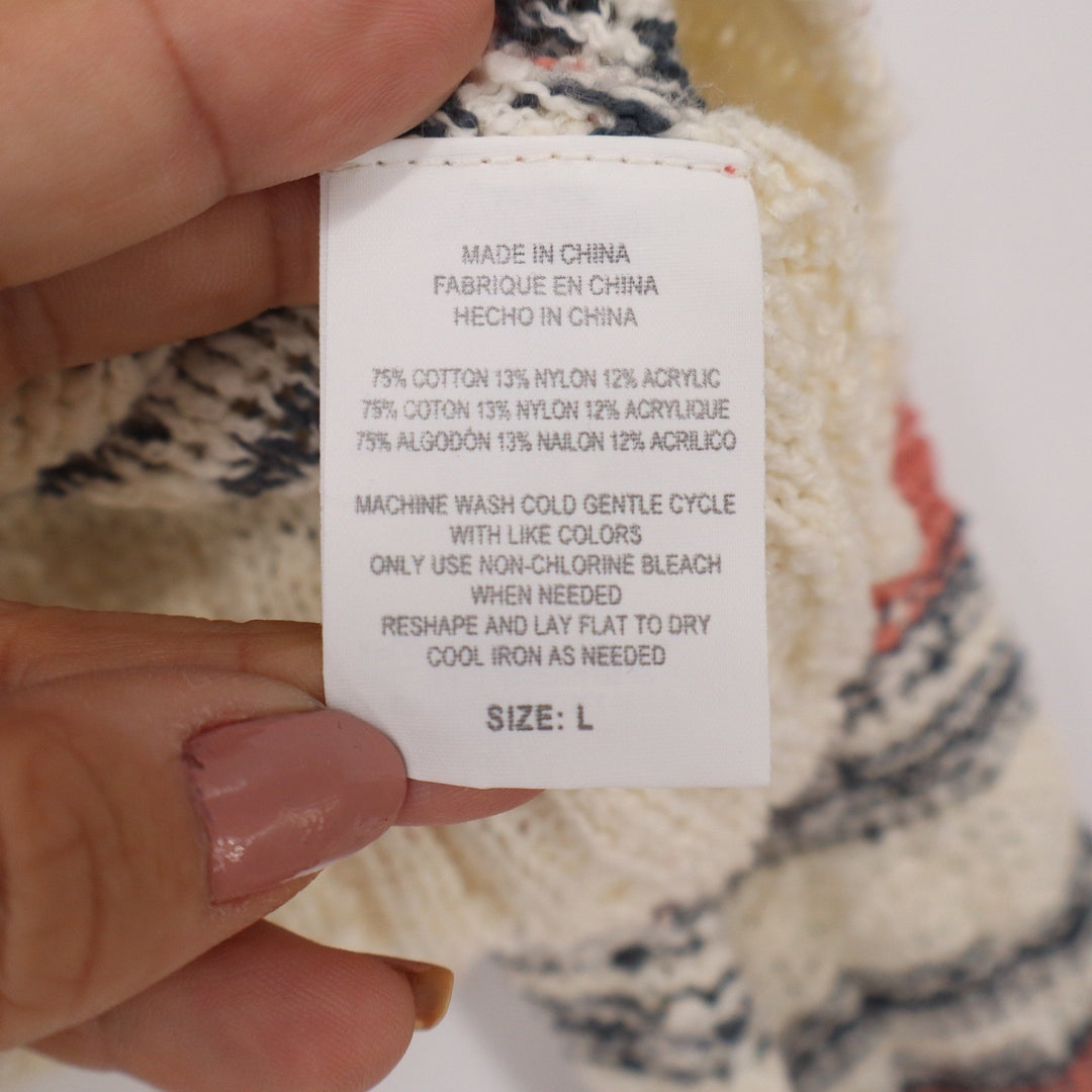 ONeill Womens Large Striped Open Knit Hooded Pullover Sweater Coral Cream