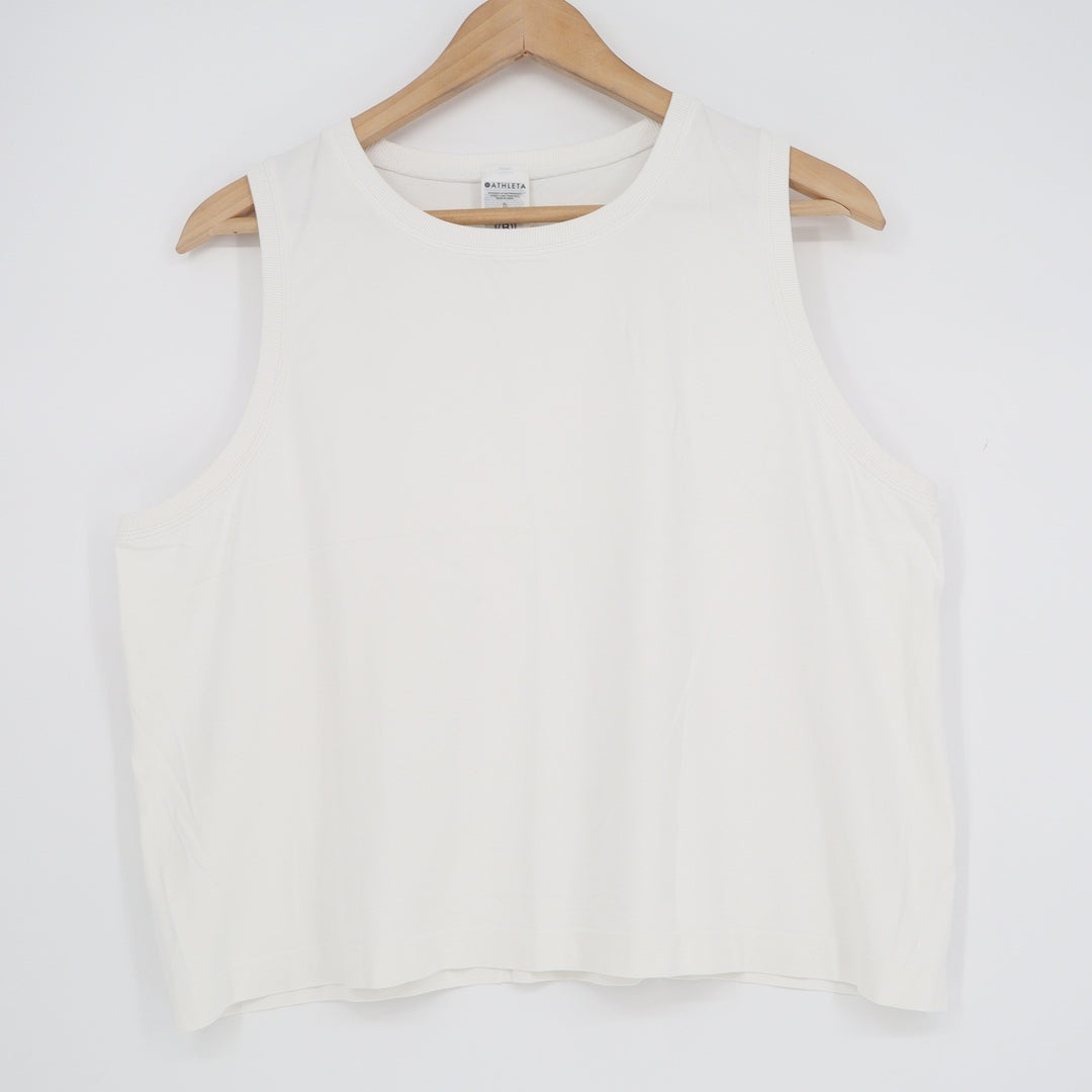 Athleta White Nylon Muscle Tank Top Womens XL Relaxed Fit Crew Neck