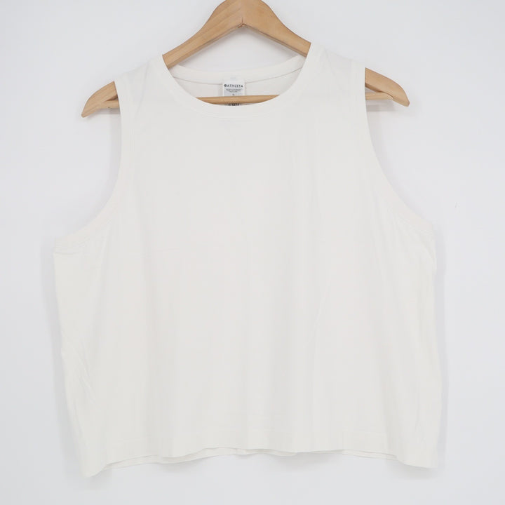 Athleta White Nylon Muscle Tank Top Womens XL Relaxed Fit Crew Neck