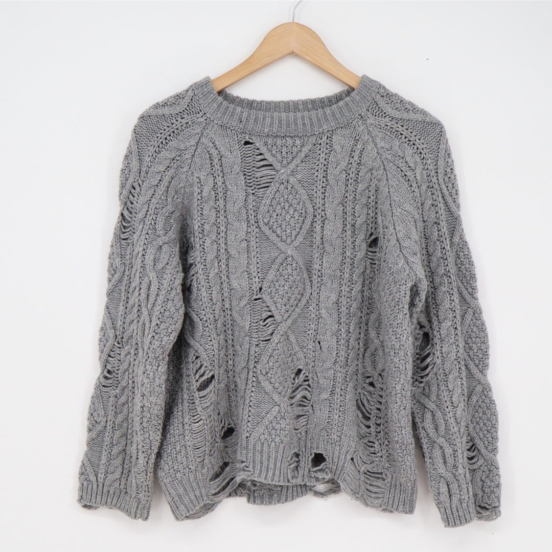 Boohoo Gray Distressed Cable Knit Sweater Womens Size SM Crew Neck Grunge Edgy
