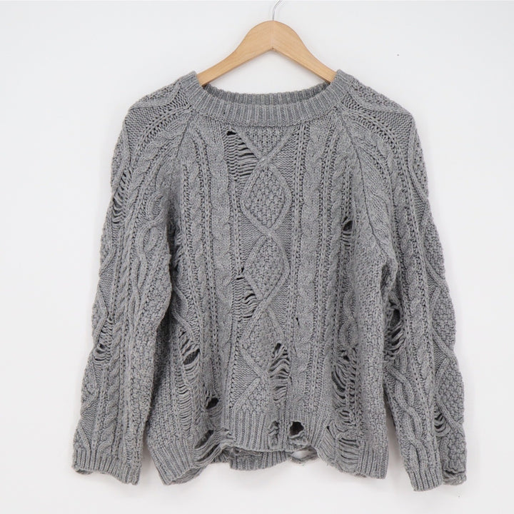 Boohoo Gray Distressed Cable Knit Sweater Womens Size SM Crew Neck Grunge Edgy