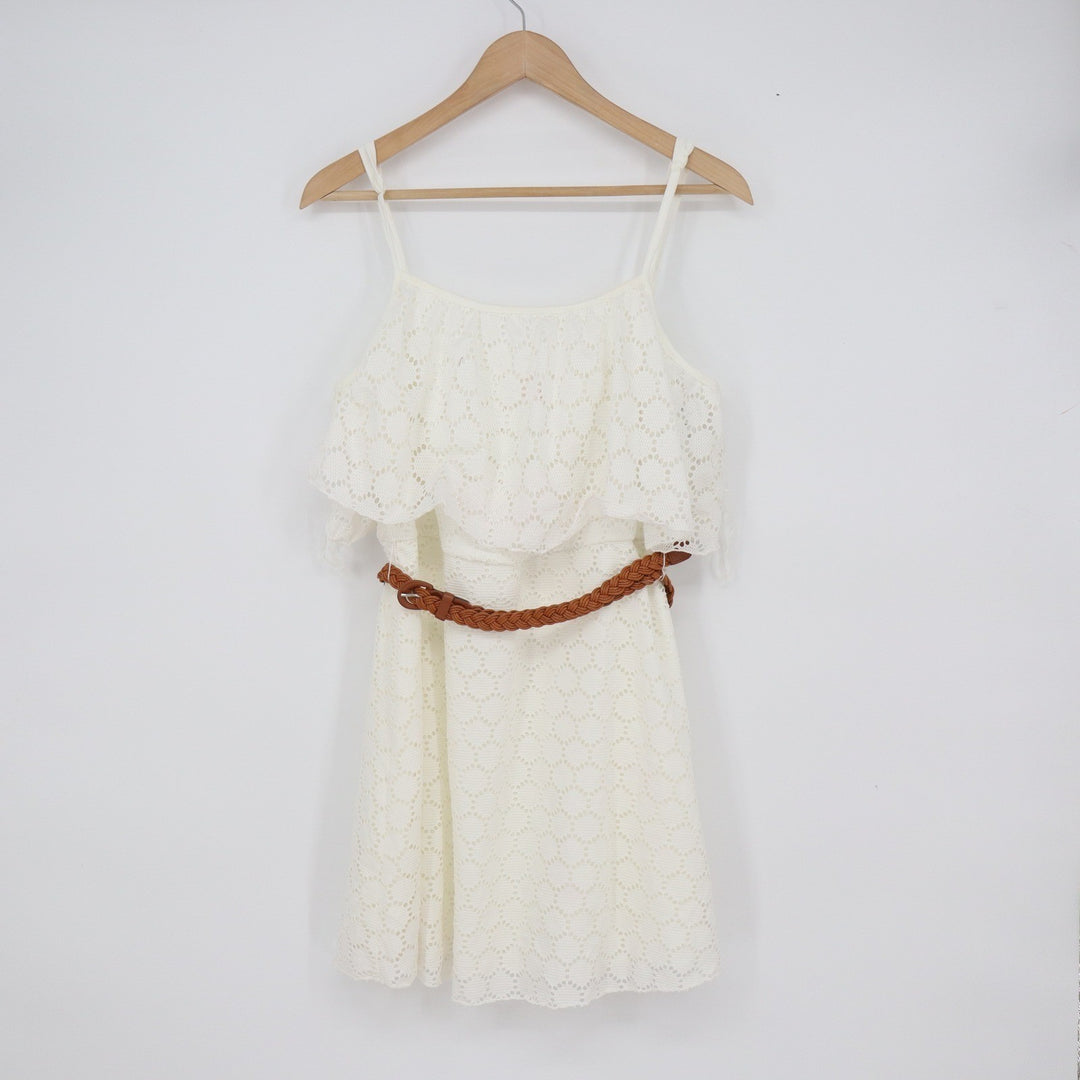 No Boundaries Juniors XL Crochet Lace Dress Cream Cold Shoulder Belted