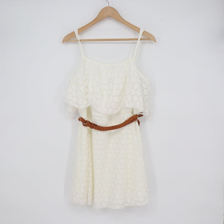 No Boundaries Juniors XL Crochet Lace Dress Cream Cold Shoulder Belted