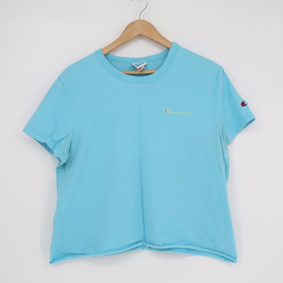 Champion Womens Light Blue Graphic T-Shirt Short Sleeve Raw Hem Large