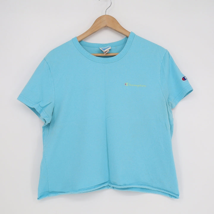 Champion Womens Light Blue Graphic T-Shirt Short Sleeve Raw Hem Large