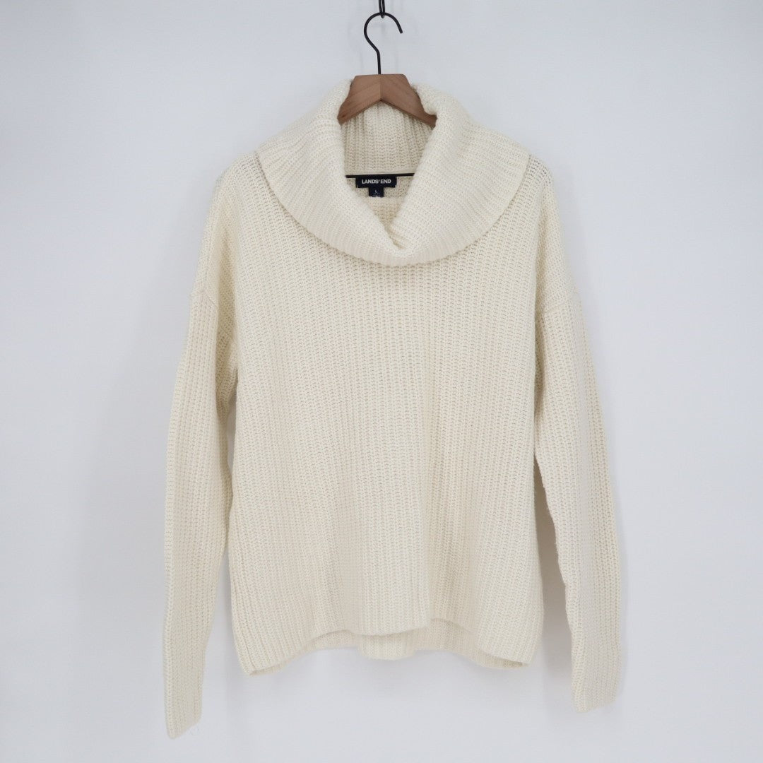 Lands End Sweater Womens L (14-16) White Chunky Knit Cotton Cowl Neck Pullover