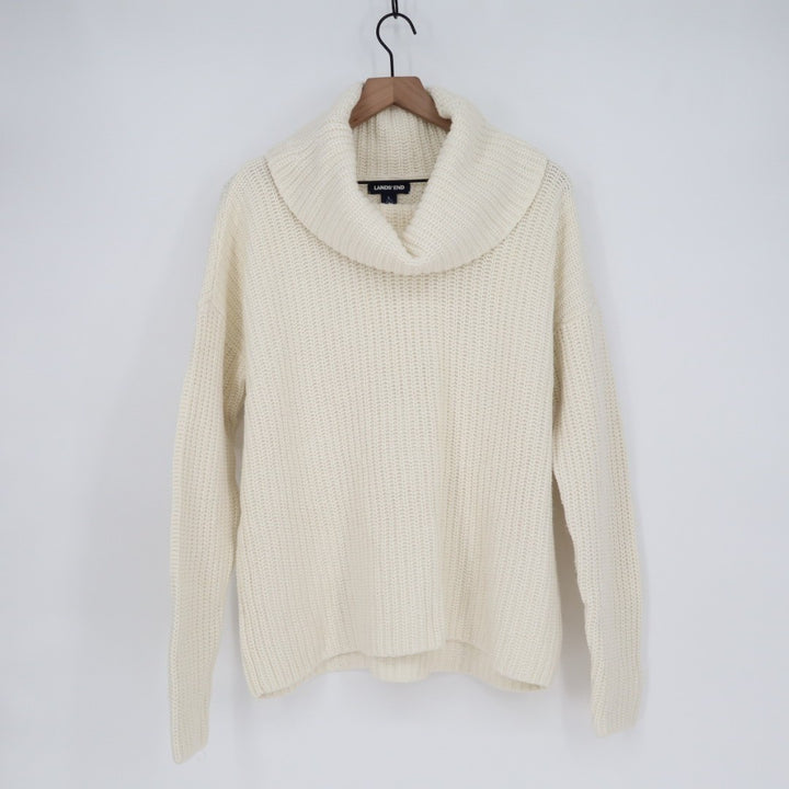 Lands End Sweater Womens L (14-16) White Chunky Knit Cotton Cowl Neck Pullover
