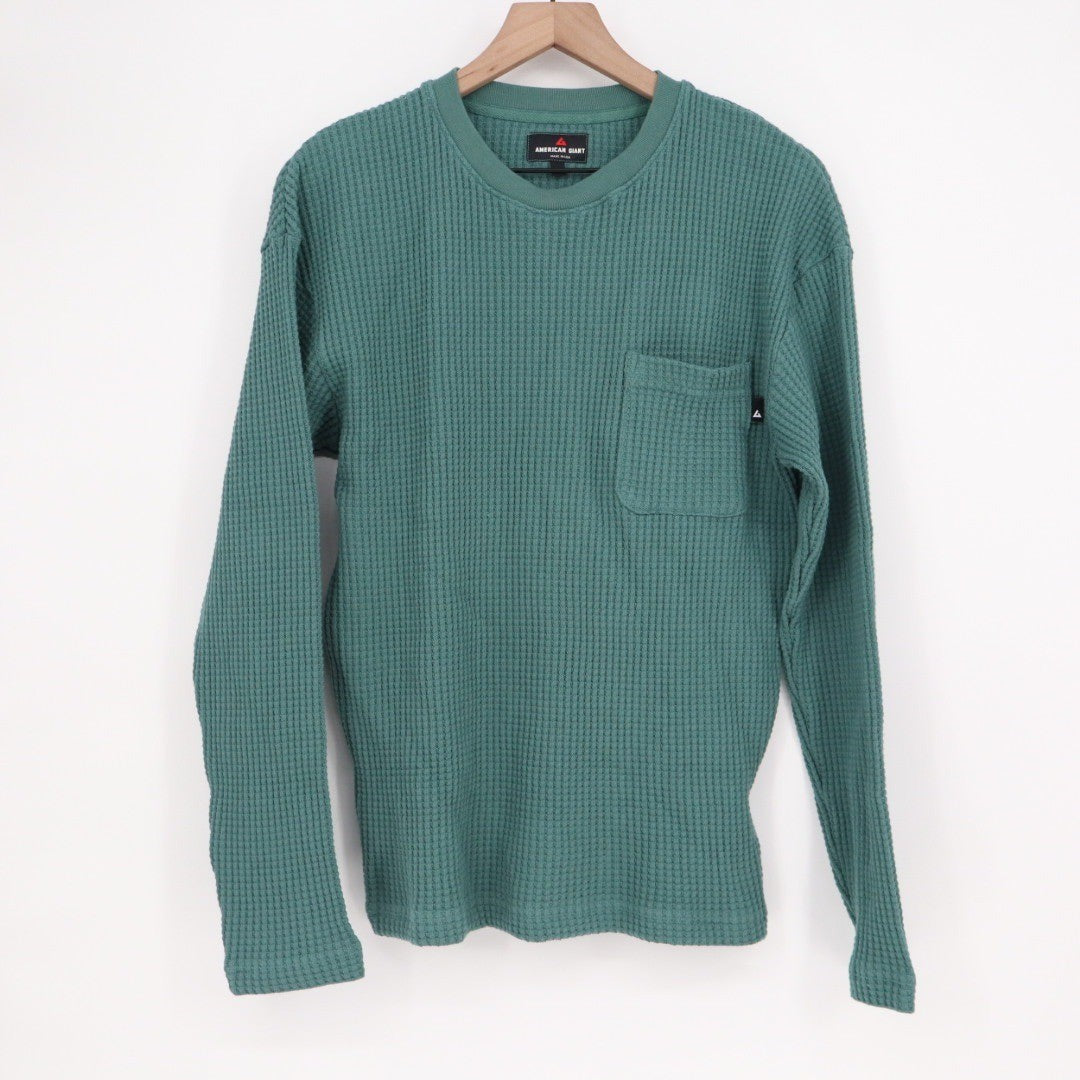 AMERICAN GIANT Waffle Knit Crewneck Pocket Long Sleeve Shirt Green Size S