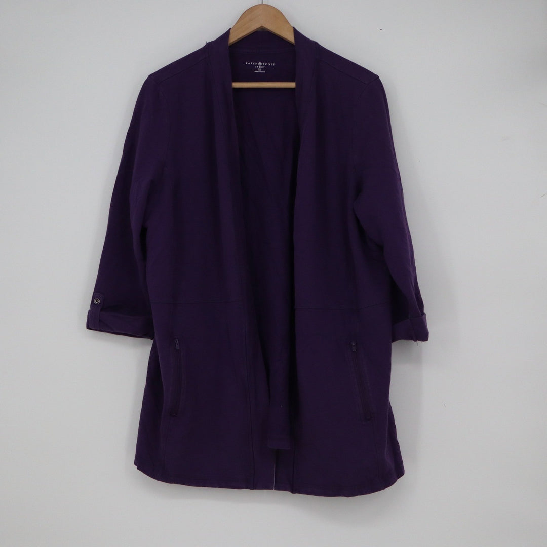 Karen Scott Sport Purple Open Front Cardigan XL 3/4 Sleeve Zip Pockets Cotton
