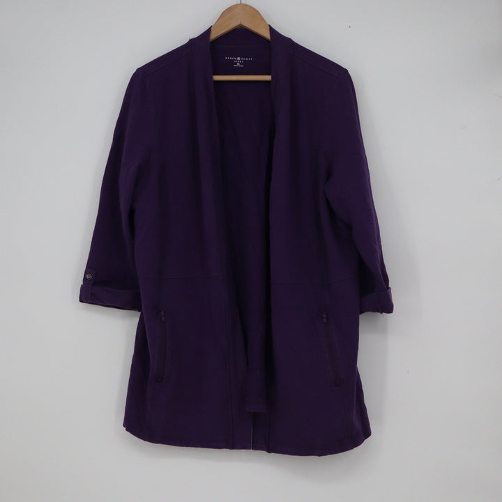 Karen Scott Sport Purple Open Front Cardigan XL 3/4 Sleeve Zip Pockets Cotton