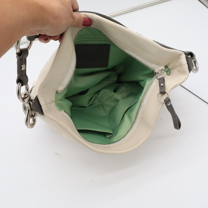 Coach Shoulder Bag Women's Hobo Cream Grey Pebbled Leather Studded Good