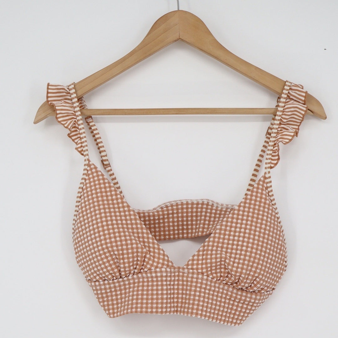 Aerie Tan Gingham Ruffle Triangle Bikini Top Medium Seersucker V-Neck Swim