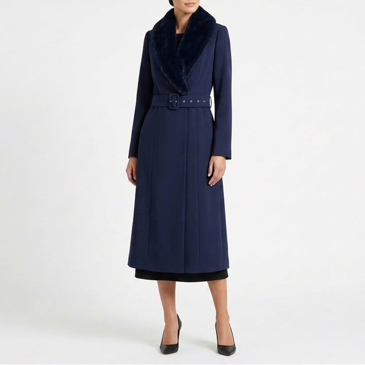 Naked Wardrobe The Statement Trench Coat Womens XS Navy Stretch Fur Shawl Collar