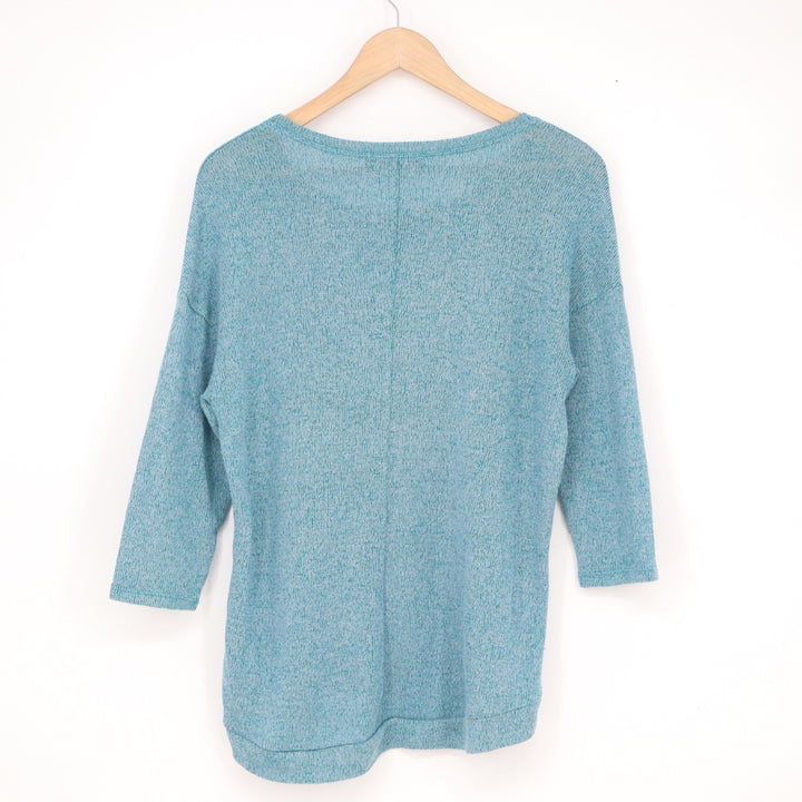 B.L.E.U. Petite Teal Marl Floral Rhinestone 3/4 Sleeve Knit Top PL