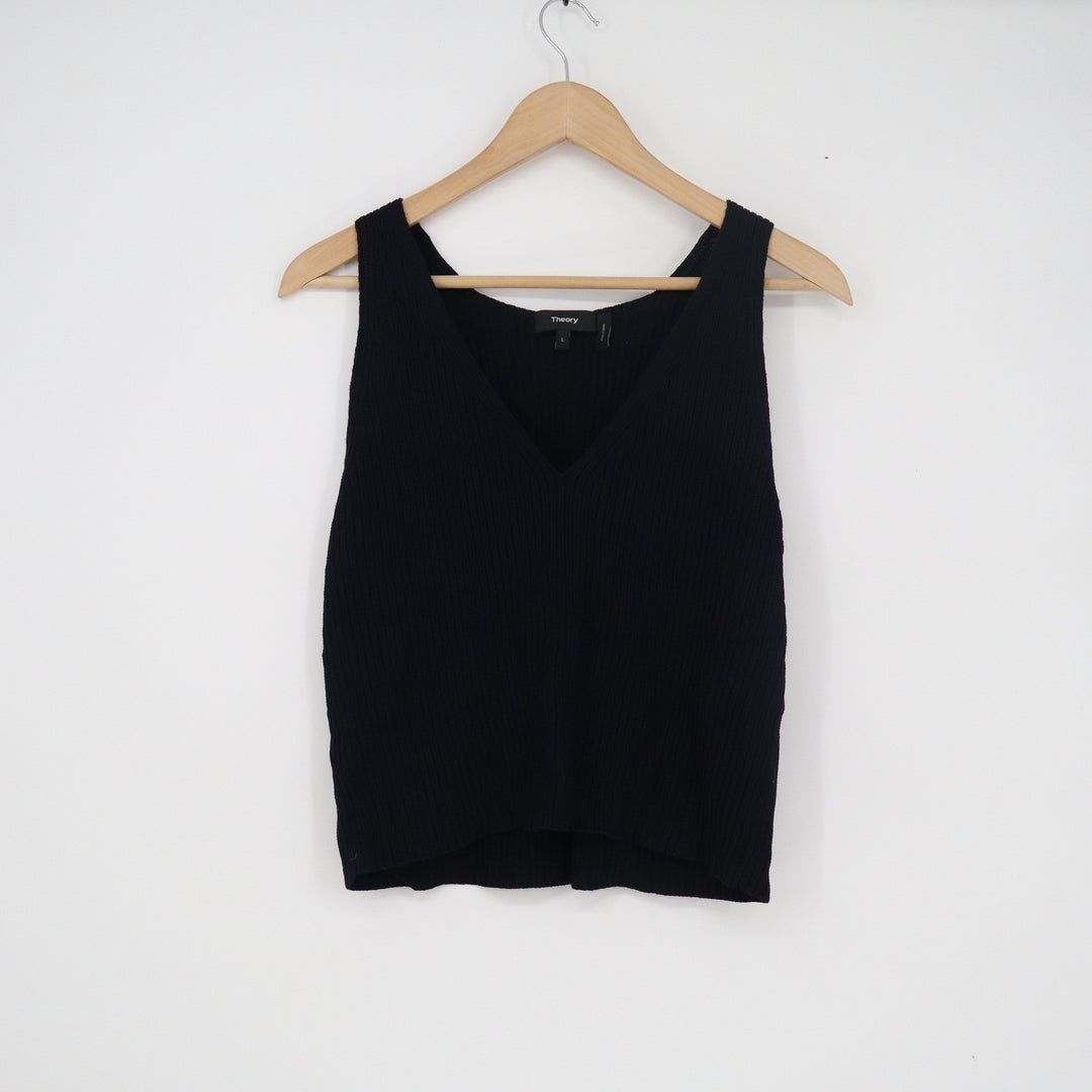 Theory IWG Reversible Sweater Shell Black Ribbed V-Neck Tank Top Size L