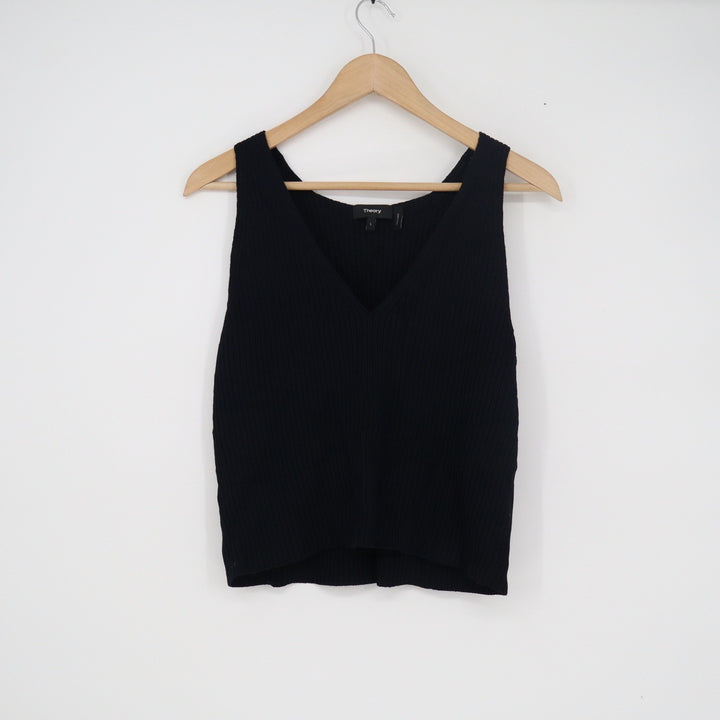 Theory IWG Reversible Sweater Shell Black Ribbed V-Neck Tank Top Size L