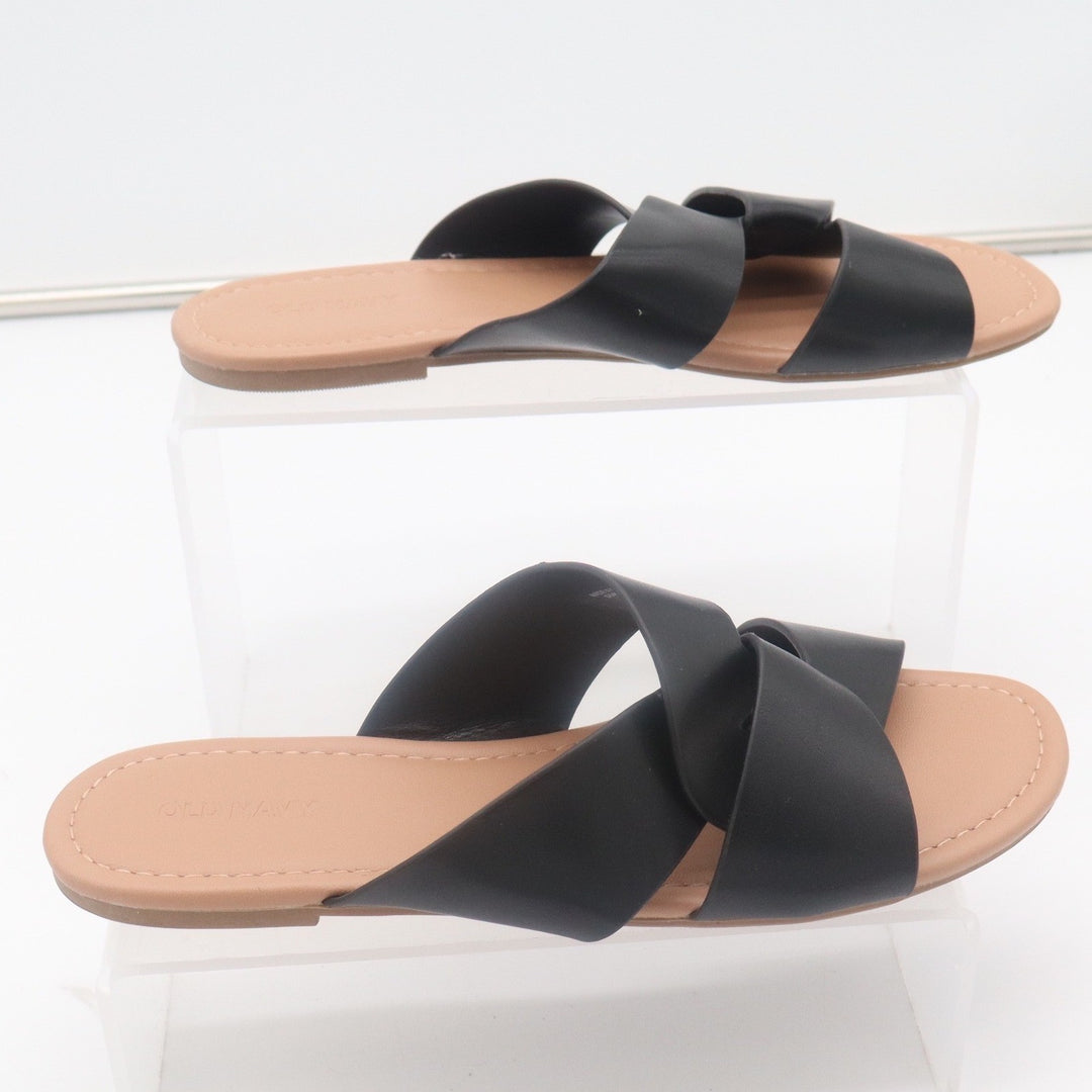 Old Navy Womens Flat Linked SA Slide Sandals Black Jack Faux Leather Size 8