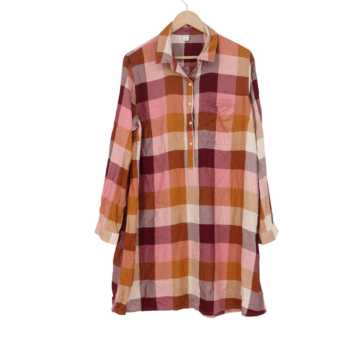 Old Navy Womens Large Plaid Shirt Dress Pink Orange Burgundy Rayon Long Sleeve