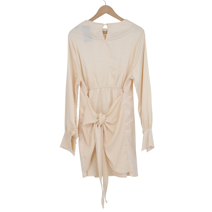 R.Vivimos Champagne Cream Silky Backless Tie Mini Dress Long Sleeve Size L
