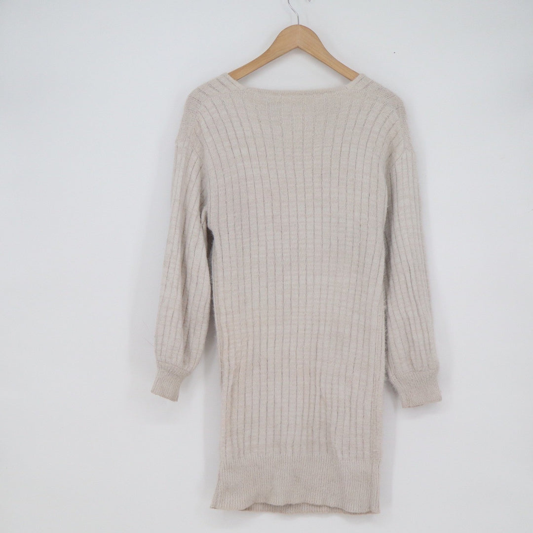 Rouge! Beige Ribbed Knit V-Neck Sweater Dress Long Sleeve Size 8 Oatmeal