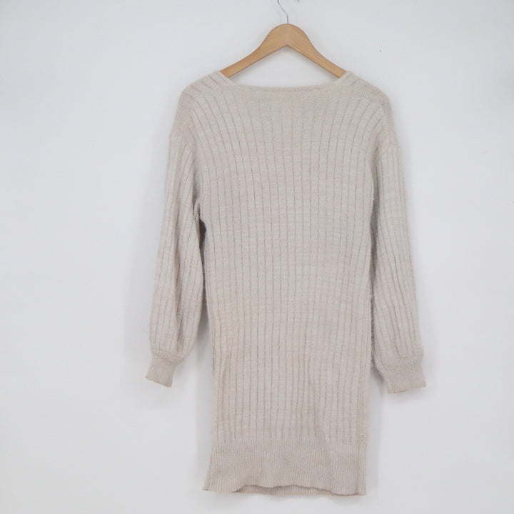 Rouge! Beige Ribbed Knit V-Neck Sweater Dress Long Sleeve Size 8 Oatmeal