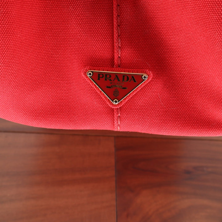 Prada Canapa Tote Bag Red Canvas Logo Handbag Rosso Gold Hardware