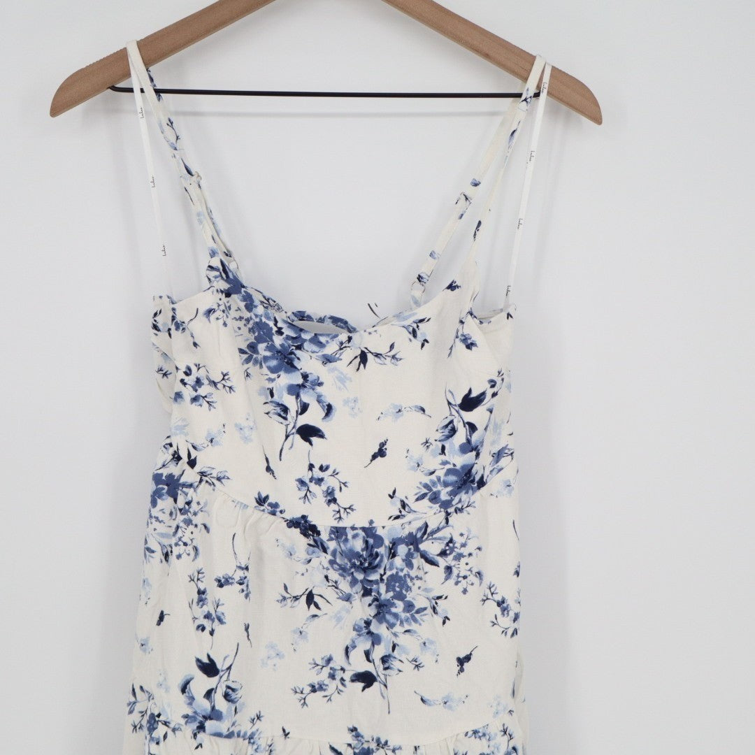 Lulus Mykonos Mood Tiered Midi Dress Womens S Navy Blue Floral Linen Tie-Strap
