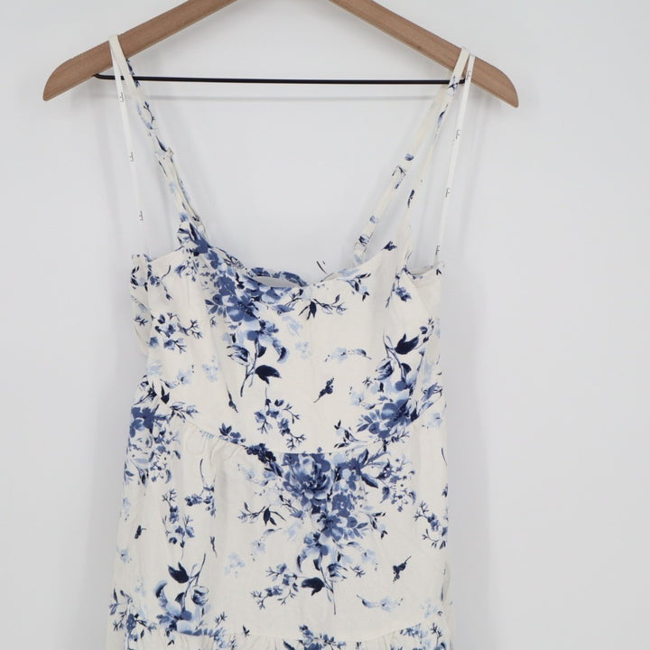 Lulus Mykonos Mood Tiered Midi Dress Womens S Navy Blue Floral Linen Tie-Strap
