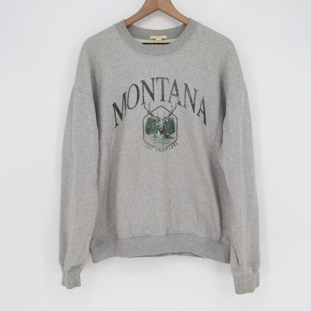 Full Tilt Montana Wildlife Graphic Sweatshirt Gray Crewneck Fleece Pullover L/XL
