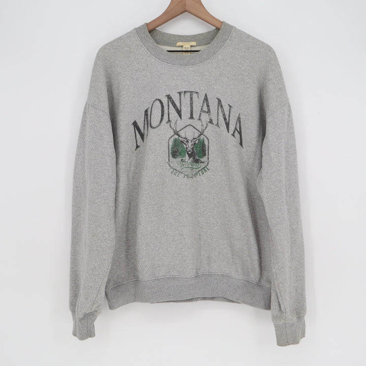 Full Tilt Montana Wildlife Graphic Sweatshirt Gray Crewneck Fleece Pullover L/XL