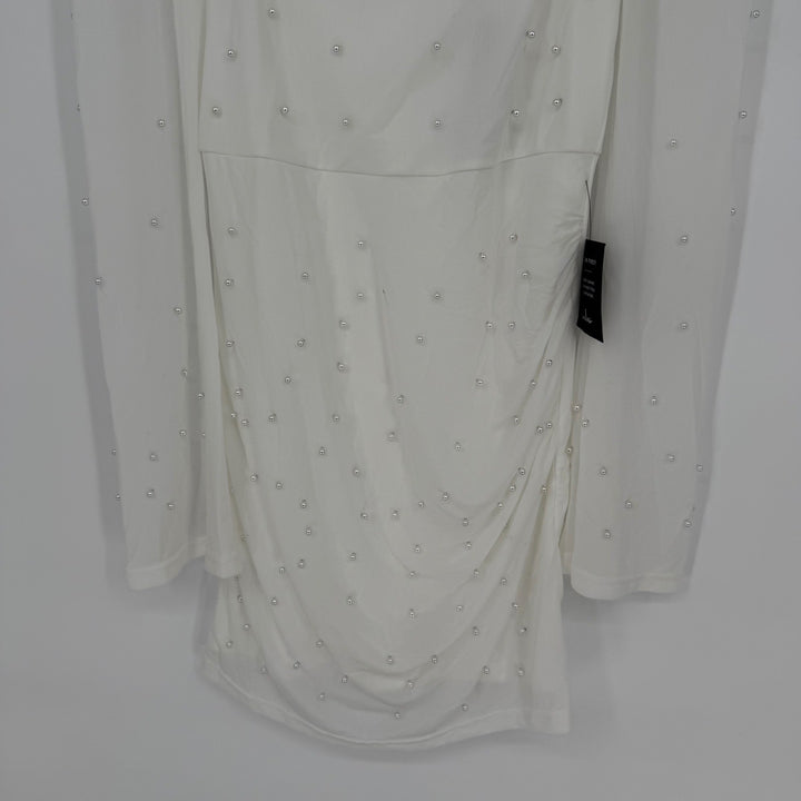 Lulus Admirably Divine White Mesh Pearl Long Sleeve Mini Dress Size M