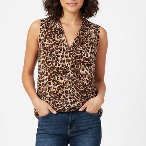 Amana Tank Top Womens Medium Brown Stretch Leopard Print Split Neck Round Hem