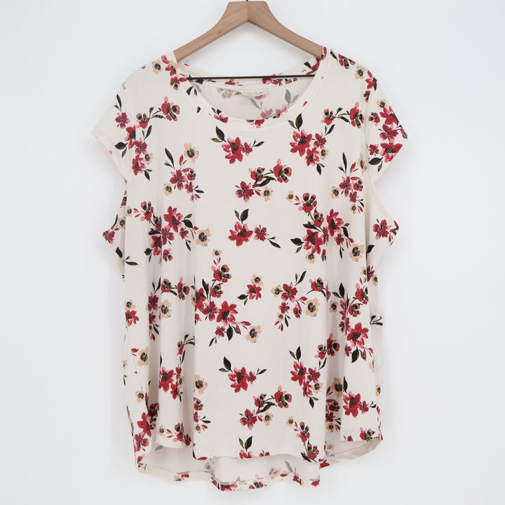 Emaline Top Womens 2X Woman Floral Cream Red Cap Sleeve Knit Blouse Excellent