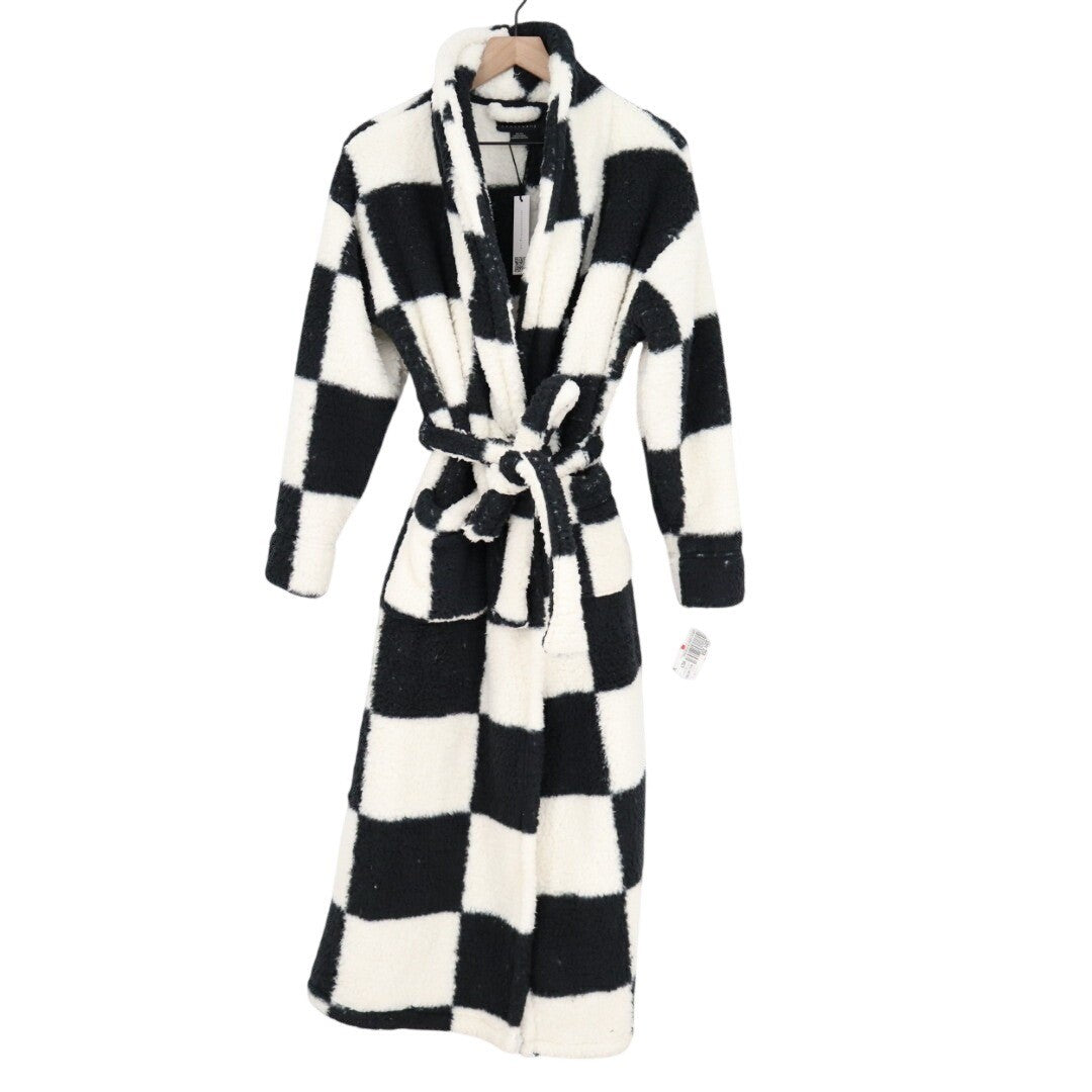 Sanctuary Wrap Bathrobe Womens XS/S Black White Check Sherpa Fleece Tie Waist