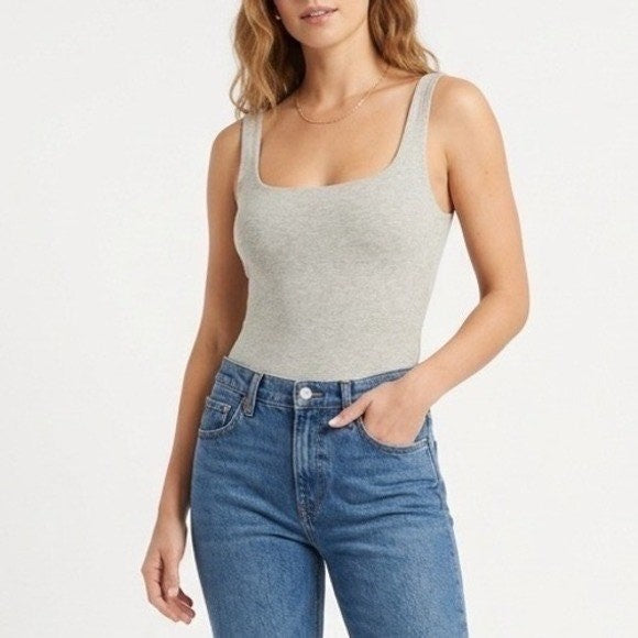 Naked Wardrobe Gray Ribbed Scoop Neck Sleeveless Thong Bodysuit M