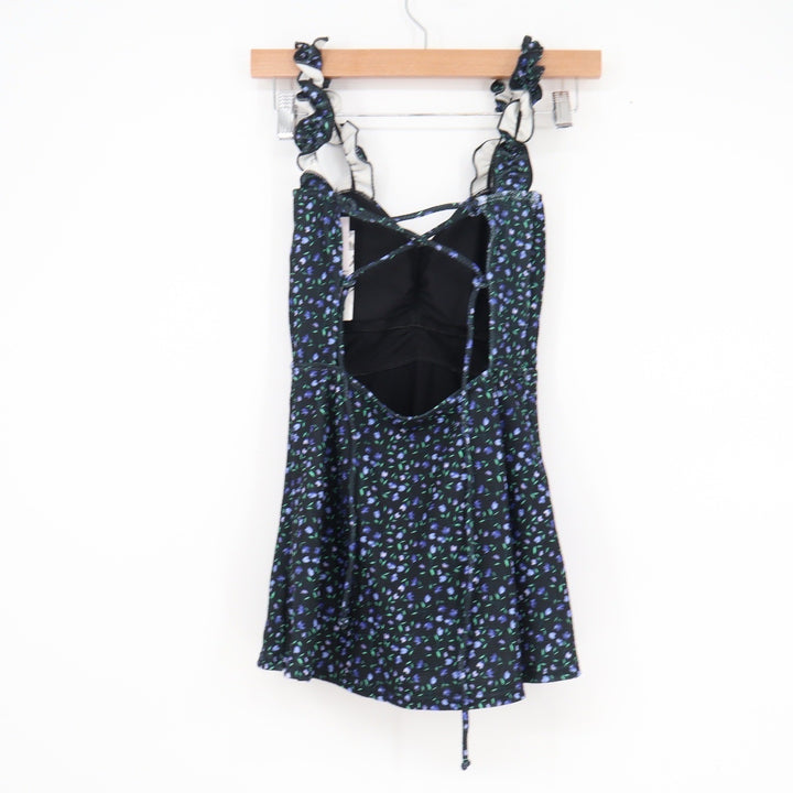 Seasons Bikini Floral Ruffle Swim Dress One Piece Black Blue Purple Large NEW