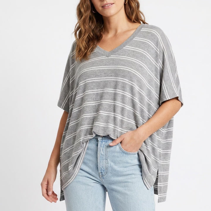 Talulah Dolman T Shirt Womens Large Gray White Striped Stretch V-Neck Side Slit