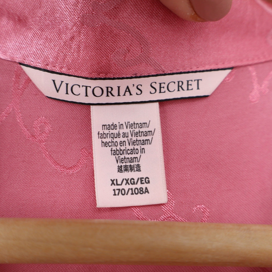 Victoria's Secret Pink Satin Logo Script Romper XL Short Sleeve Button Front