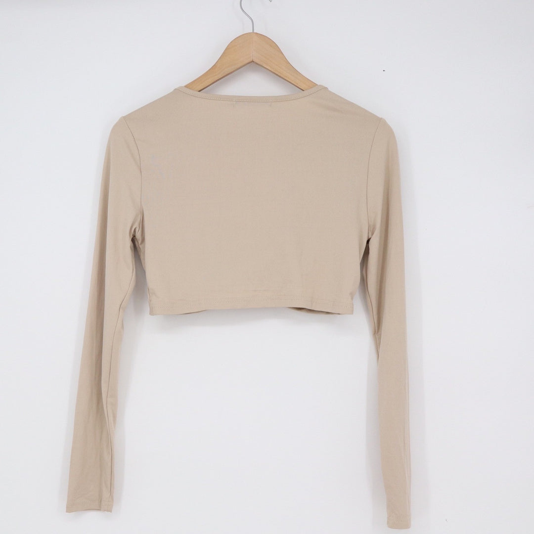 SHEIN Beige Twisted Front Long Sleeve Crop Top Sweetheart Neck Slim Fit Small